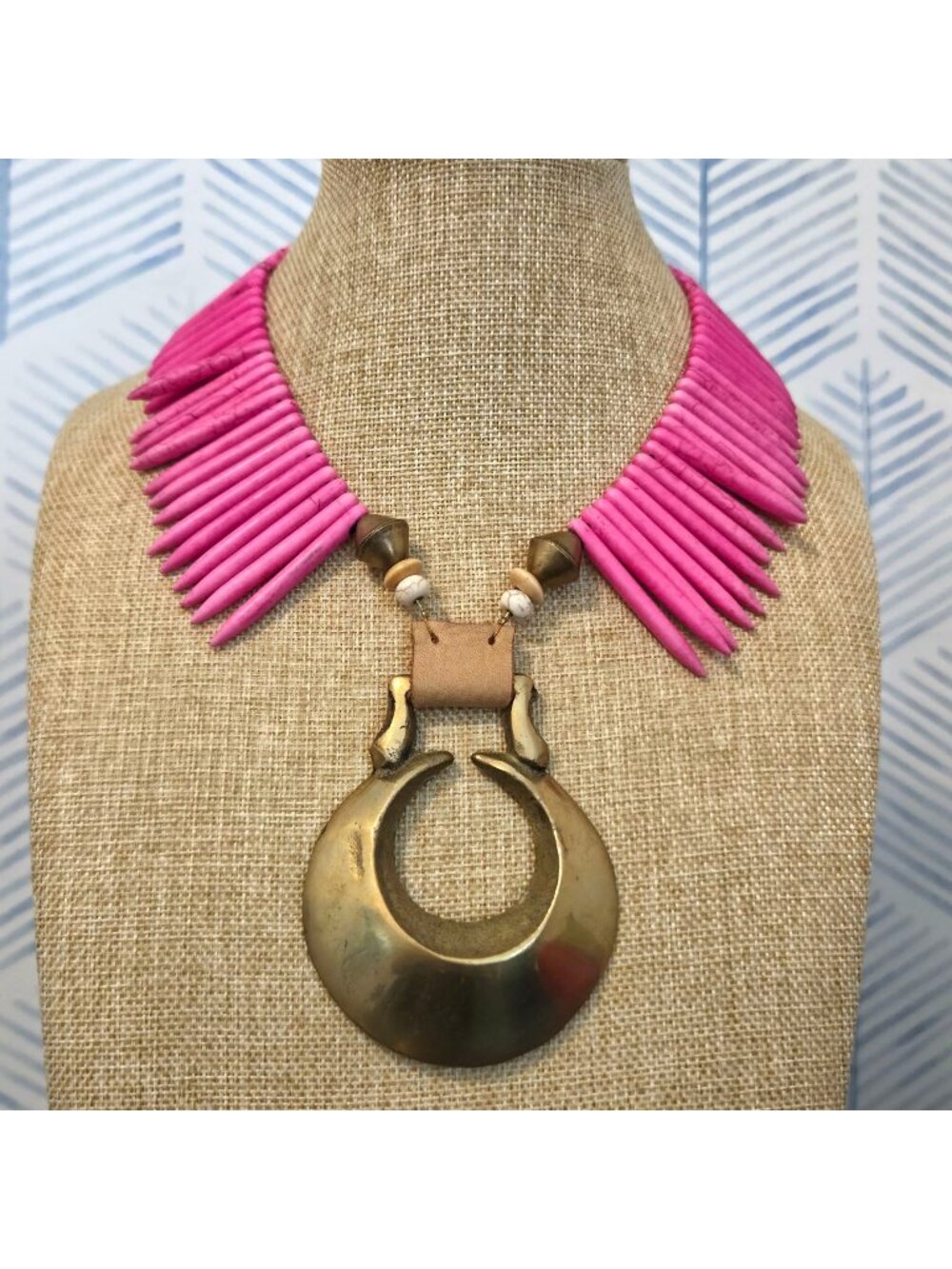 Collar Jewelry Pink Stone Spike & Gold Tone Boho Style Statement Necklace